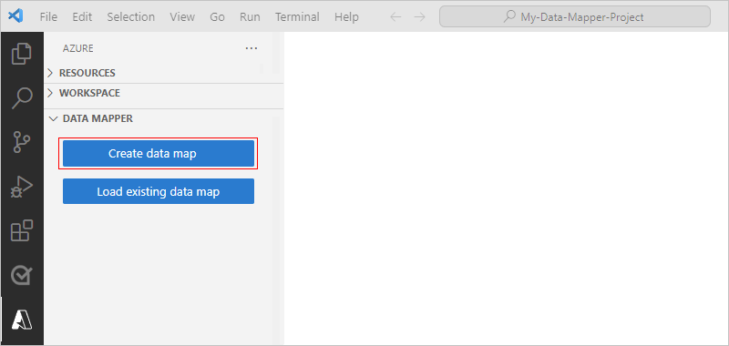 スクリーンショットには、Azure ウィンドウと [データ マップの作成] ボタンが選択されている Visual Studio Code をが示されています。
