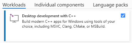 [ワークロード] タブが選択されている Visual Studio インストーラーのスクリーンショット。c++ を使用したデスクトップ開発が選択されています。