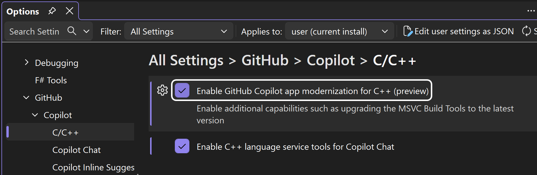 Visual Studio の [オプション] ダイアログのスクリーンショット。GitHub > Copilot > C/C++ 設定が表示されます。[C++ のアプリの最新化] チェック ボックスがオンになっています。