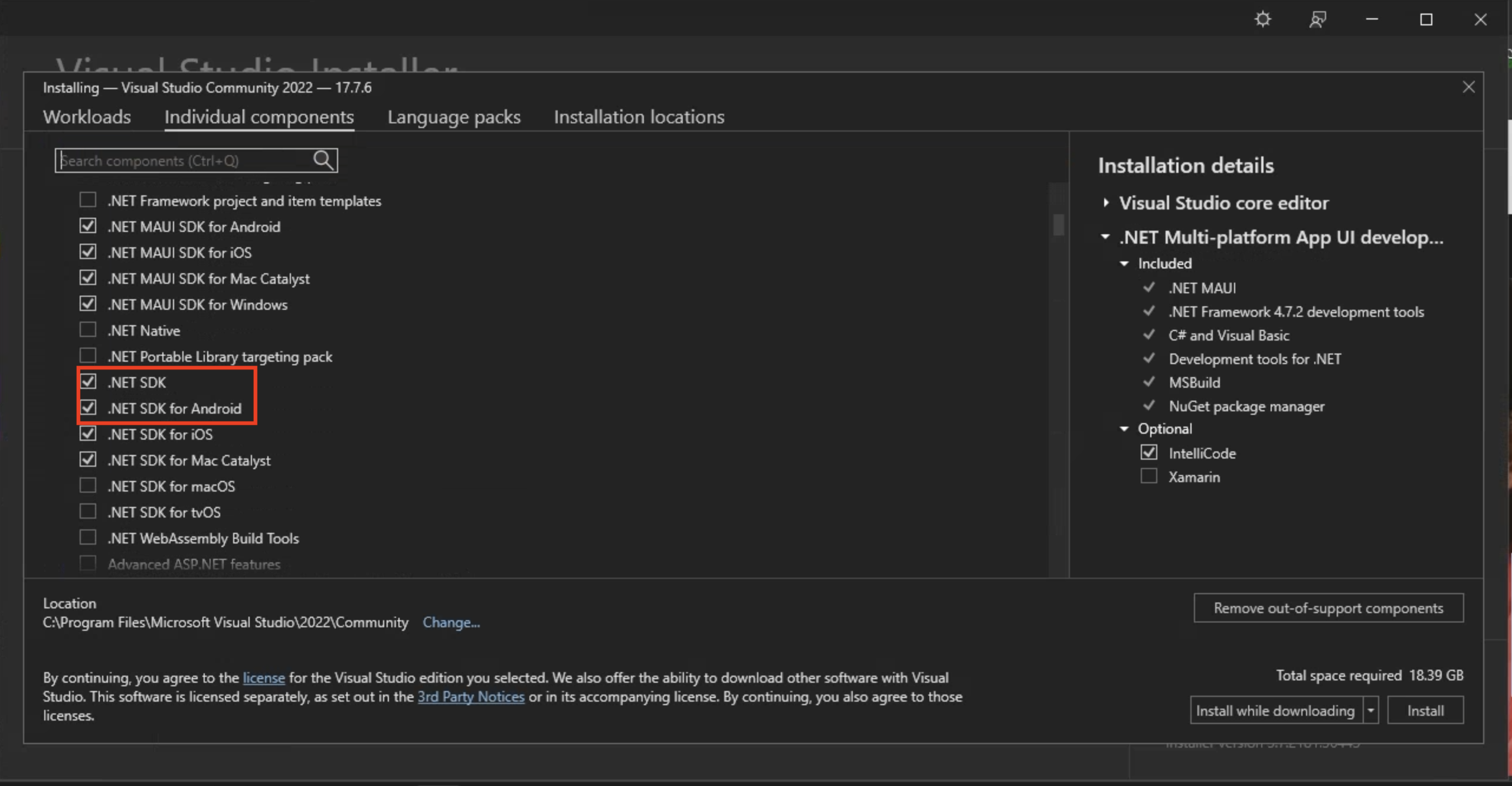 Android SDK コンポーネント用の .NET を選択する