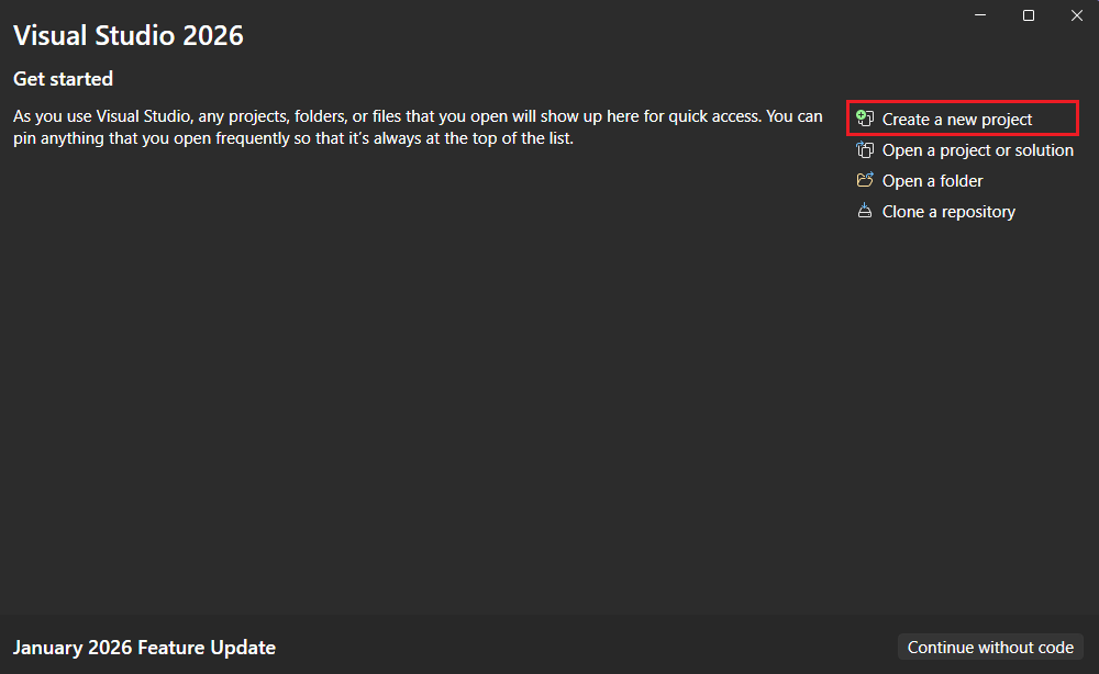 Visual Studioスタート ページで選択した新しいプロジェクト ボタンを作成します