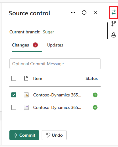変更されたアイテムの状態を示すソース control panelのスクリーンショット。