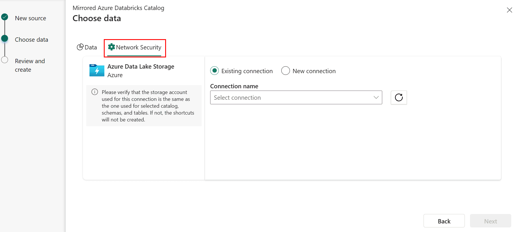 Databricks の [ネットワーク セキュリティ] タブのスクリーンショット。