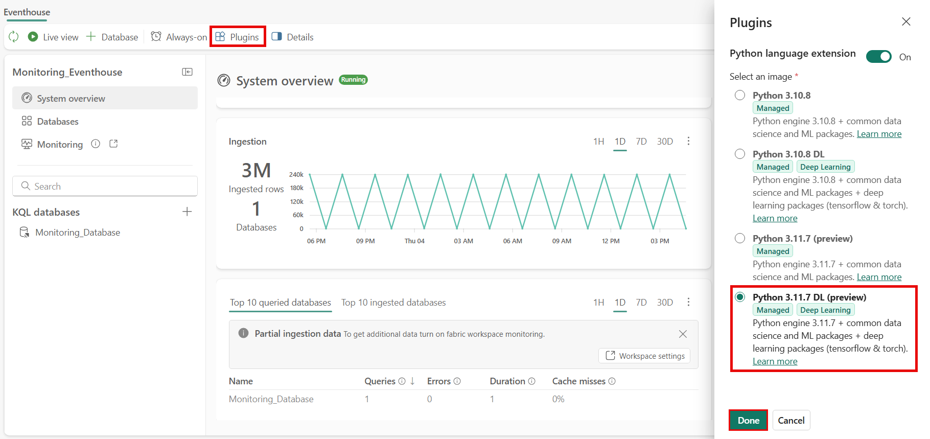 Eventhouse で Python プラグインを有効にするスクリーンショット。