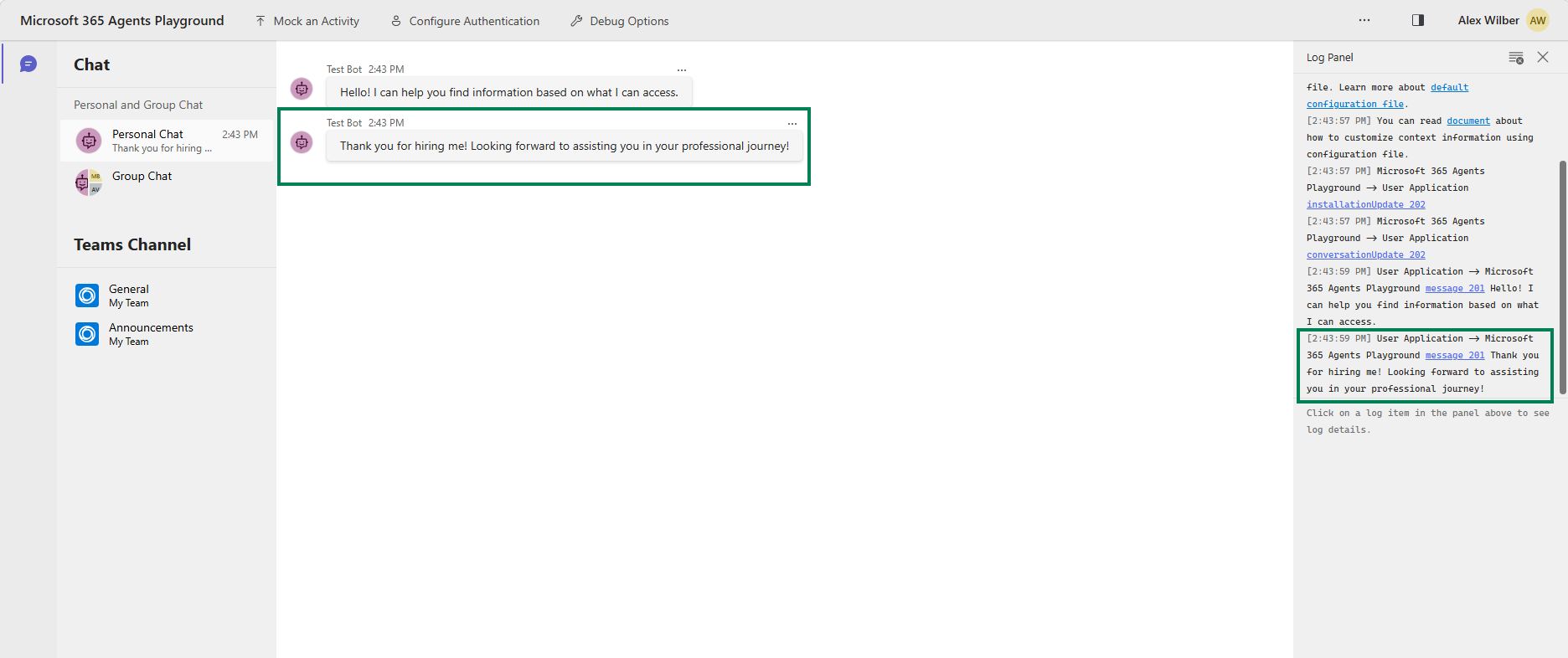 エージェント プレイグラウンド インターフェースのスクリーンショットには、エージェントの歓迎メッセージ「採用していただきありがとうございます！あなたのプロとしての旅をお手伝いできることを楽しみにしています！」が、インストールイベントの発生後にチャットの会話とログパネルに表示されます。