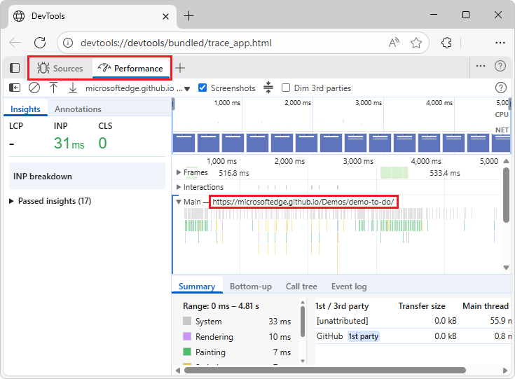 [特別な DevTools] タブ