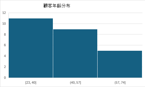 自動的に決定されたビン範囲を持つ顧客の年齢分布を示すヒストグラム グラフ。