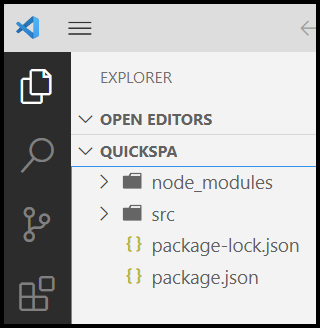 ファイルが追加される前に、新しく作成された quickspa プロジェクトを表示します。
