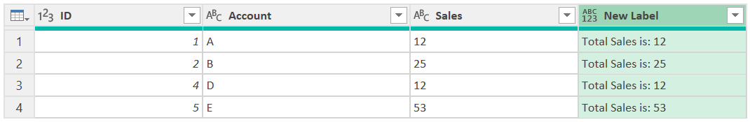 sales 列が数値からテキスト型に変換され、両方の式を含む新しい列が含まれるテーブルのスクリーンショット。