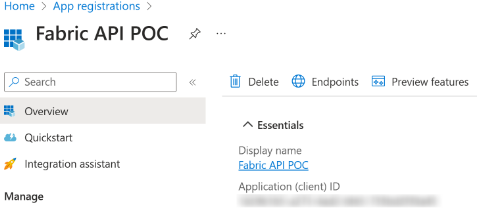 Azure の登録後のアプリを示すスクリーンショット。