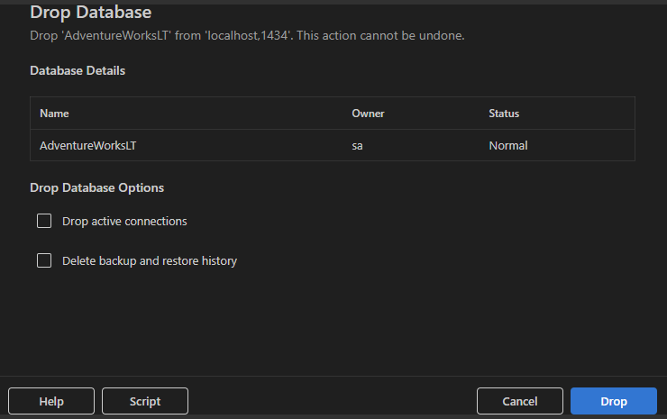 データベースの詳細とドロップ オプションを示す [データベースの削除] ダイアログのスクリーンショット。