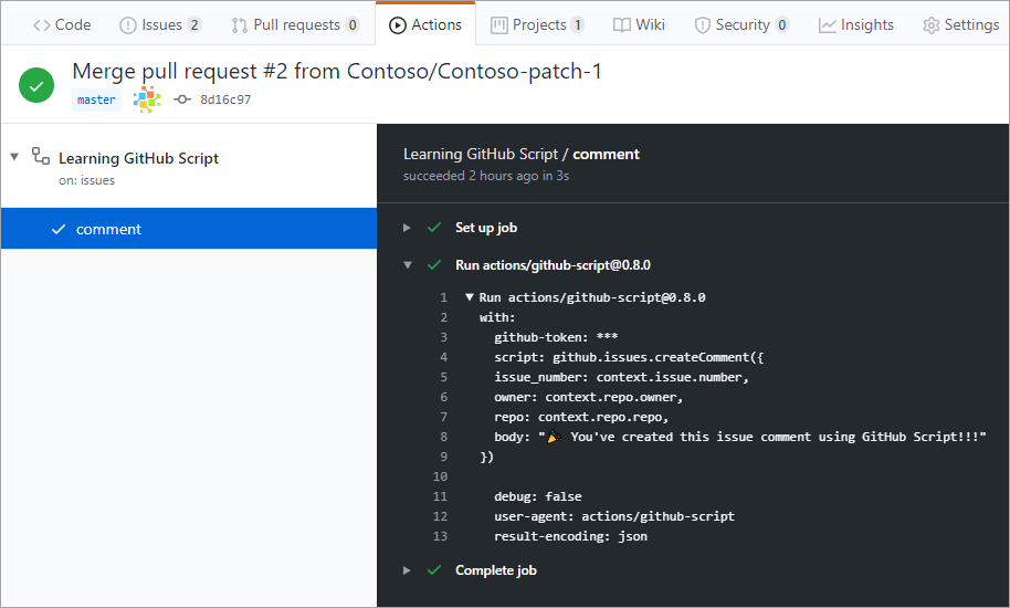 完了した GitHub スクリプト ワークフローのスクリーンショット。