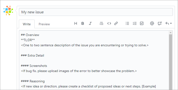 テンプレートを使用した新しいイシュー。