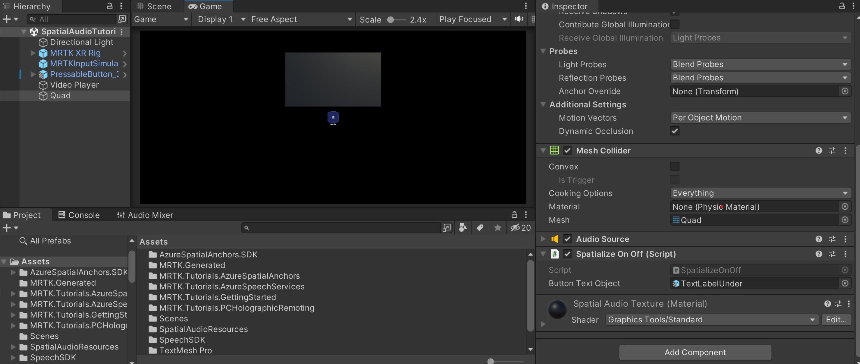 SpatialierOnOff コンポーネントを使用して階層内の Quad オブジェクトを見つけるスクリーンショット。