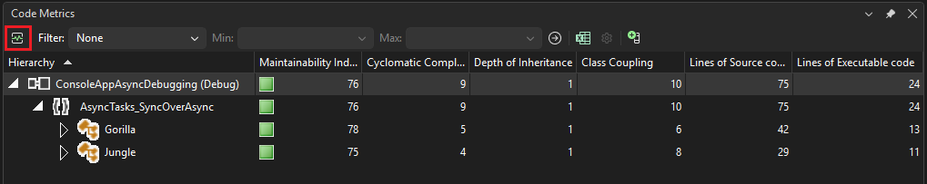 [コード メトリック] ウィンドウのスクリーンショット。