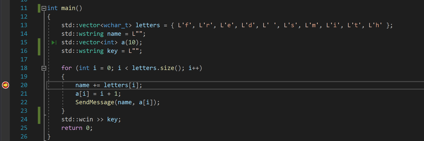 Visual Studio の設定されたブレークポイントでデバッガーが一時停止したことを示すスクリーンショット。