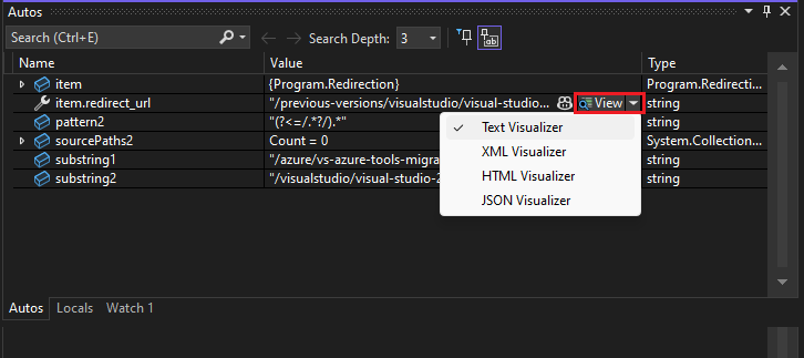 [文字列ビジュアライザーを開く] のスクリーンショット。