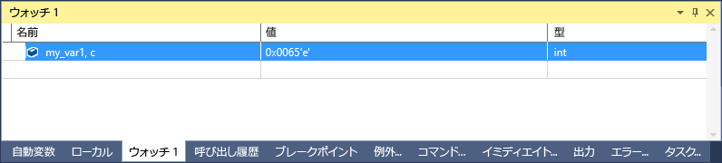 My_var1.c の値が 101 'e' で int の種類を示す 1 行が選択されている Visual Studio ウォッチ ウィンドウのスクリーンショット。