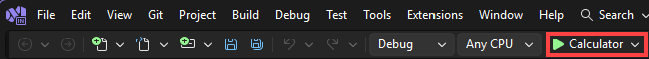 デバッグ ツール バーからアプリを実行する [電卓] ボタンの選択を示すスクリーンショット。