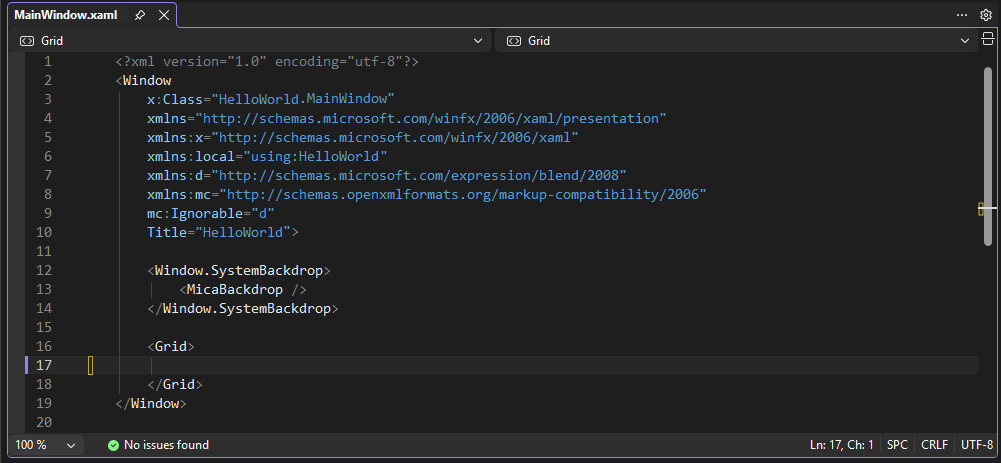 Visual Studio IDE で開いている MainWindow.xaml を示すスクリーンショット。[XAML エディター] ウィンドウには、ウィンドウの XAML マークアップが表示されます。