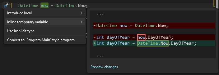 Visual Studio でインライン一時変数の候補を示すスクリーンショット。