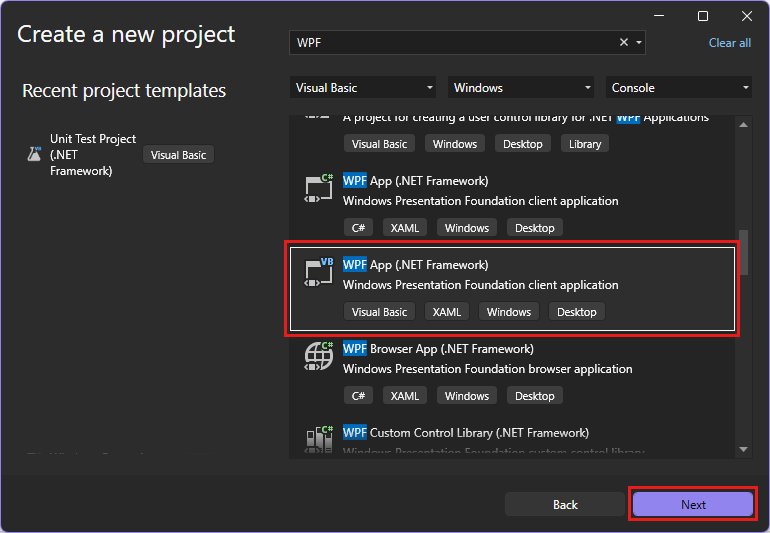 検索ボックスに 'WPF' を入力し、言語の一覧で [Visual Basic] が選択され、[WPF アプリ (.NET Framework)]プロジェクト テンプレートが強調表示されている [新しいプロジェクトの作成] ダイアログのスクリーンショット。