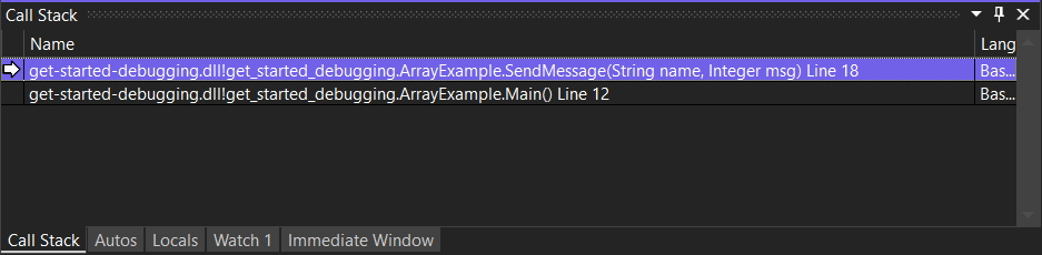 上の行で SendMessage メソッド呼び出しが強調表示されている Visual Studio の [呼び出し履歴] ウィンドウを示すスクリーンショット。