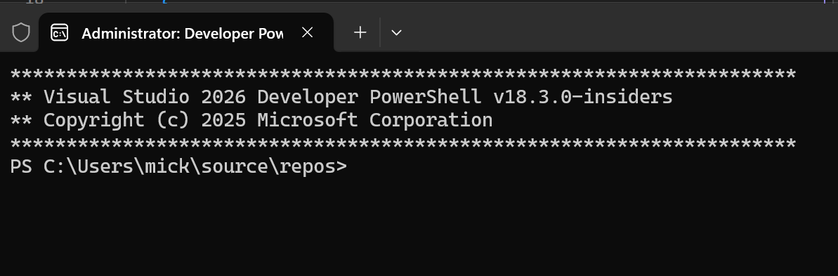 Visual Studio の開発者 PowerShell ツールのスクリーンショット。