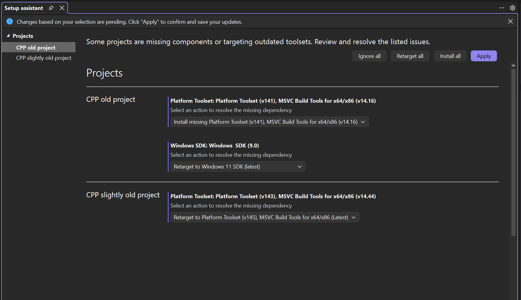 C++ セットアップ アシスタントのスクリーンショット。