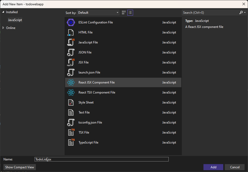 JSX コンポーネントの追加を示すスクリーンショット。