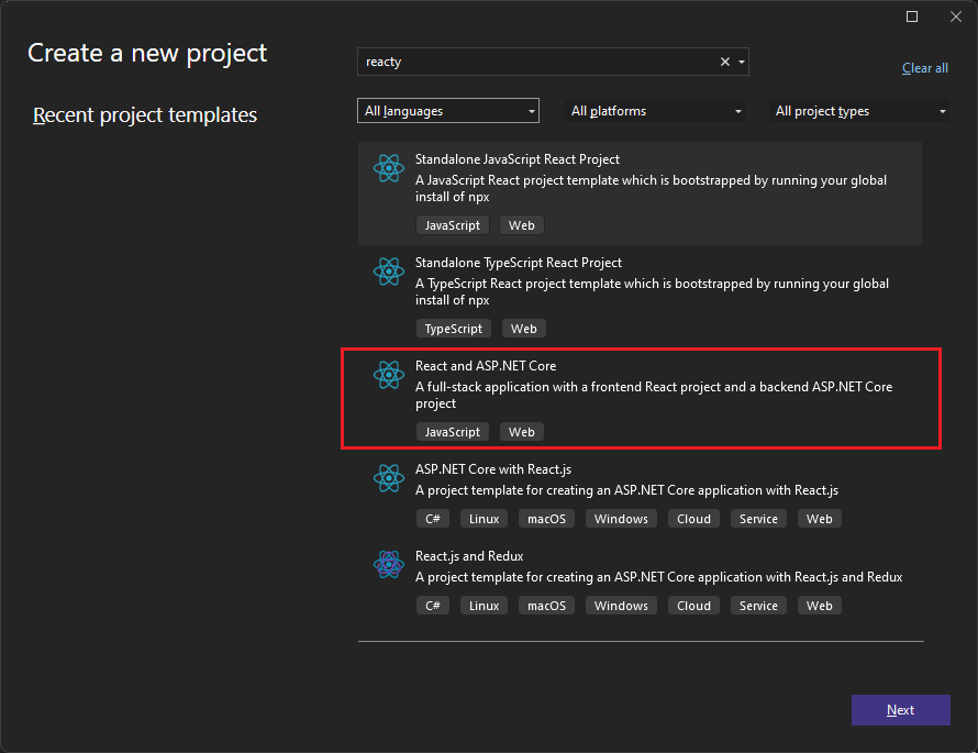 テンプレートの選択を示すスクリーンショット。