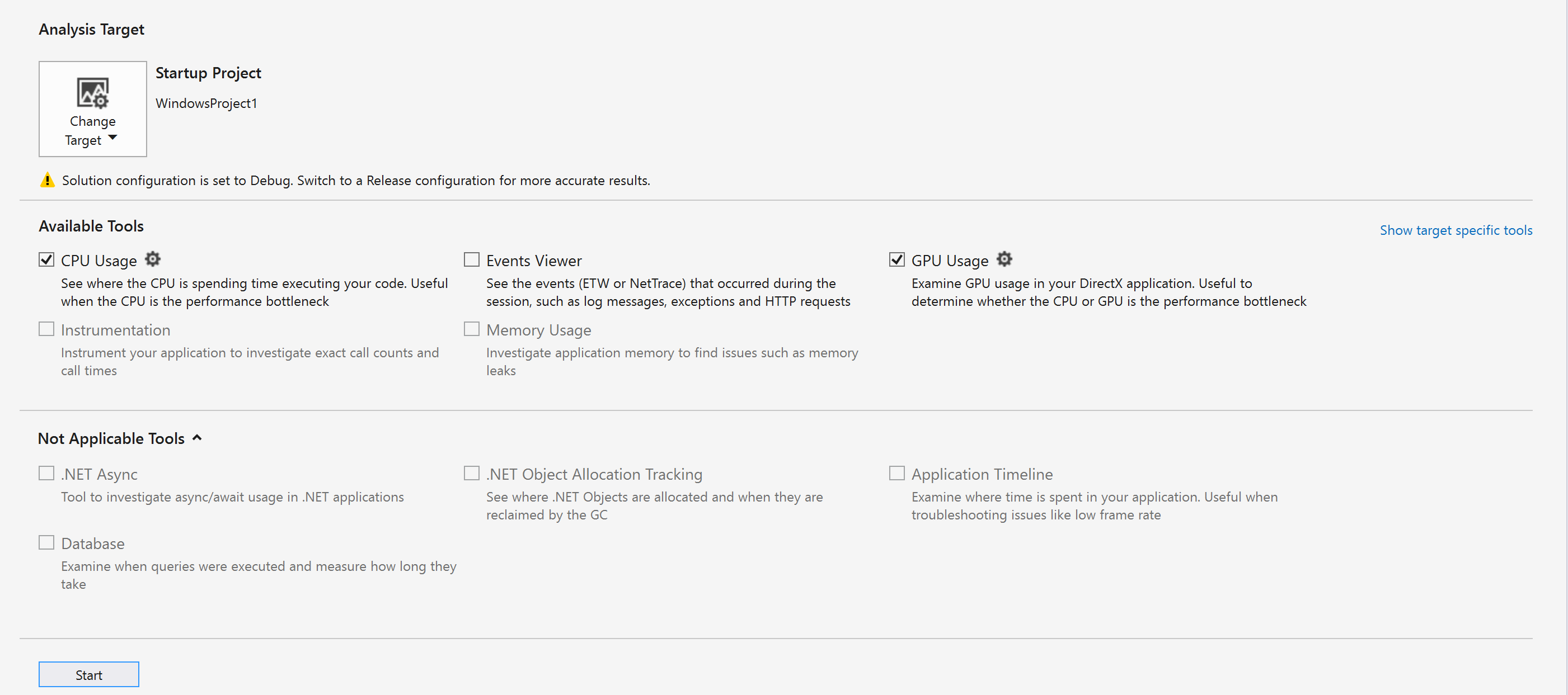 「GPU 使用率」が選択されている「パフォーマンス プロファイラー」のスクリーンショット