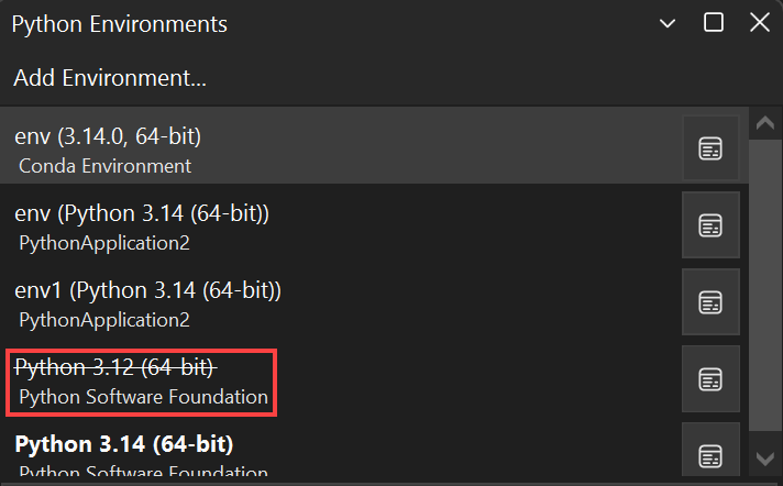 [Python 環境] ウィンドウの無効な環境のスクリーンショット。