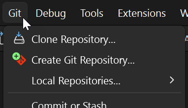 Visual Studio の Git メニューの [リポジトリの複製] オプションを示すスクリーンショット。
