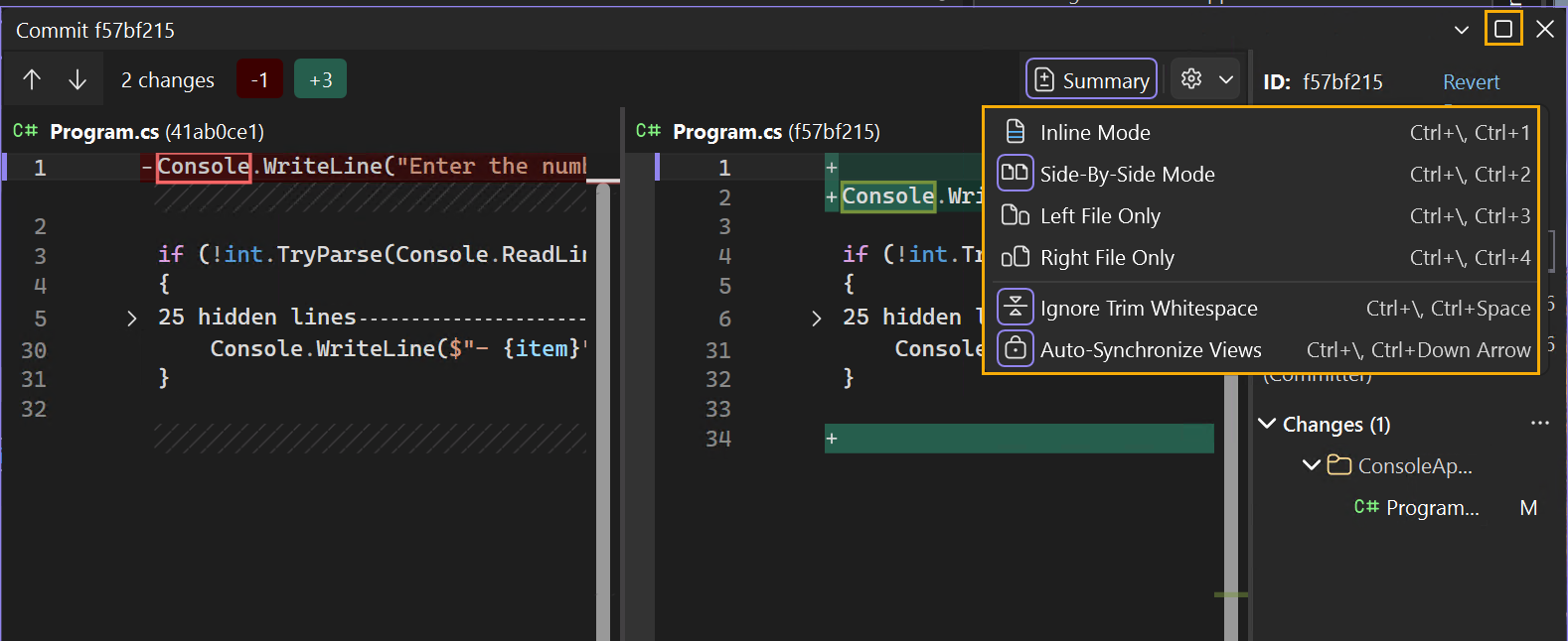 差分構成を含む全画面表示のコミットの詳細のスクリーンショット。
