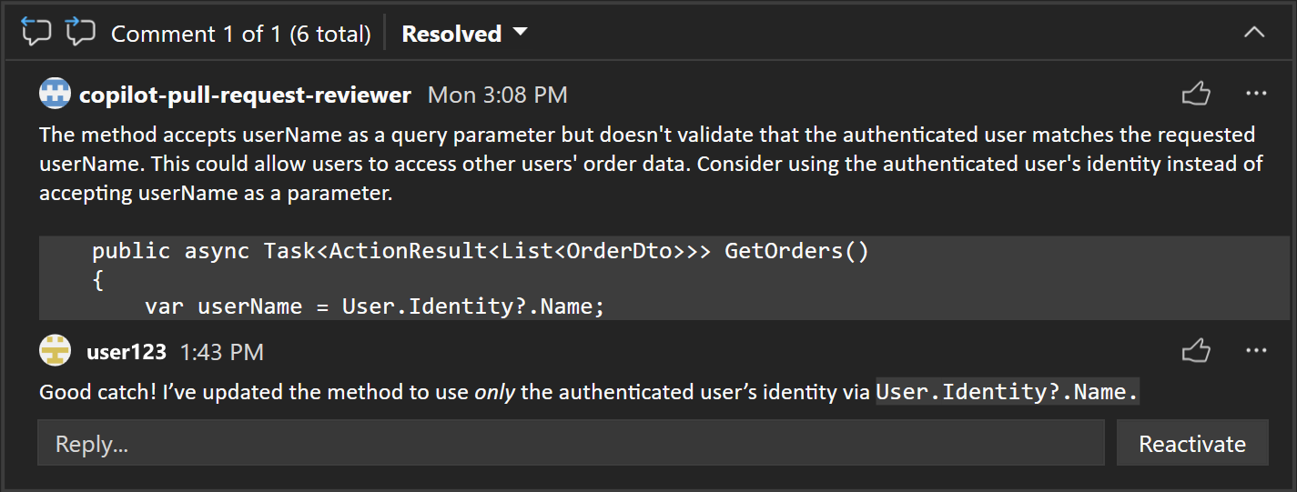 マークダウンの書式設定を示す PR コメントのスクリーンショット。