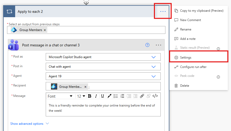 Screenshot van het selecteren van instellingen.