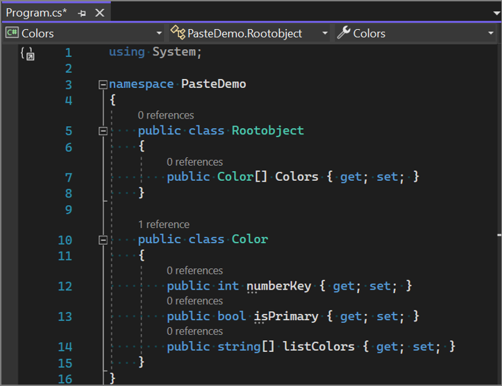 Schermafbeelding van de JSON-voorbeeldtekst die is geconverteerd naar klassen met behulp van de functie Plakken speciaal in Visual Studio.