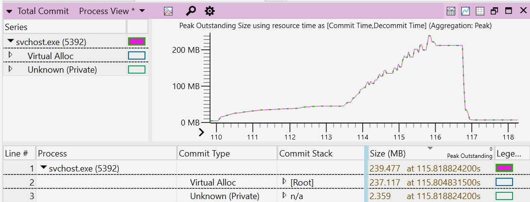 Schermopname van Windows Performance Analyzer-geheugentracering