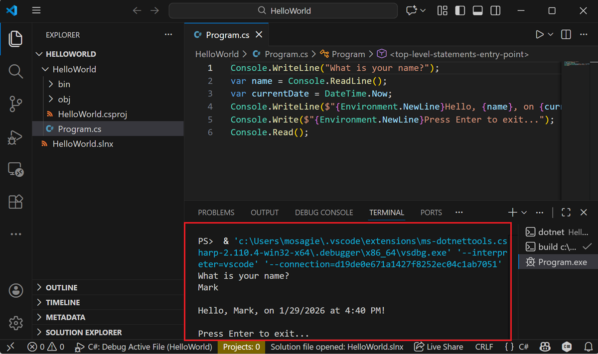 Janela do terminal com saída de programa modificada