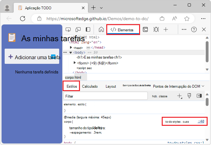 Selecionar um ficheiro no inspetor de Estilos