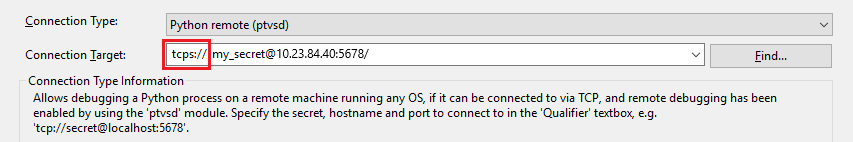 Captura de tela que mostra como especificar TCPS como o protocolo de transporte para a depuração remota com SSL.
