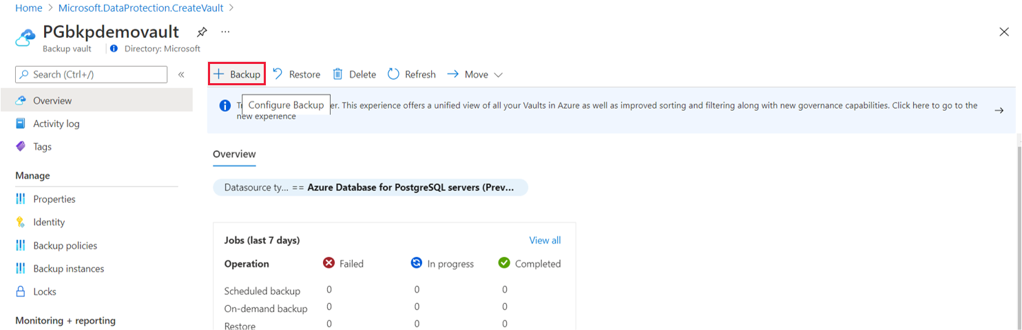 Captura de tela que mostra o botão para adicionar um backup.
