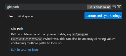 Captura de ecrã da barra de pesquisa de definições do Visual Studio Code para o caminho do git.