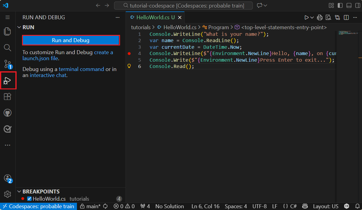 Abra o separador Debug em Visual Studio Code