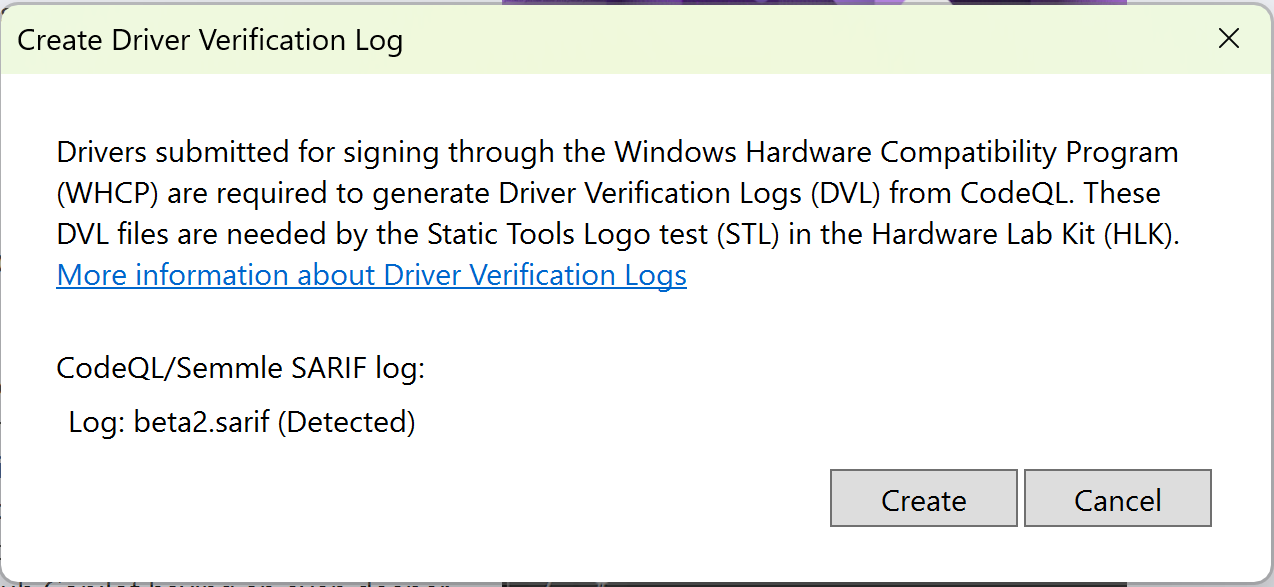 Captura de tela da notificação do Visual Studio para geração de CodeQL DVL.