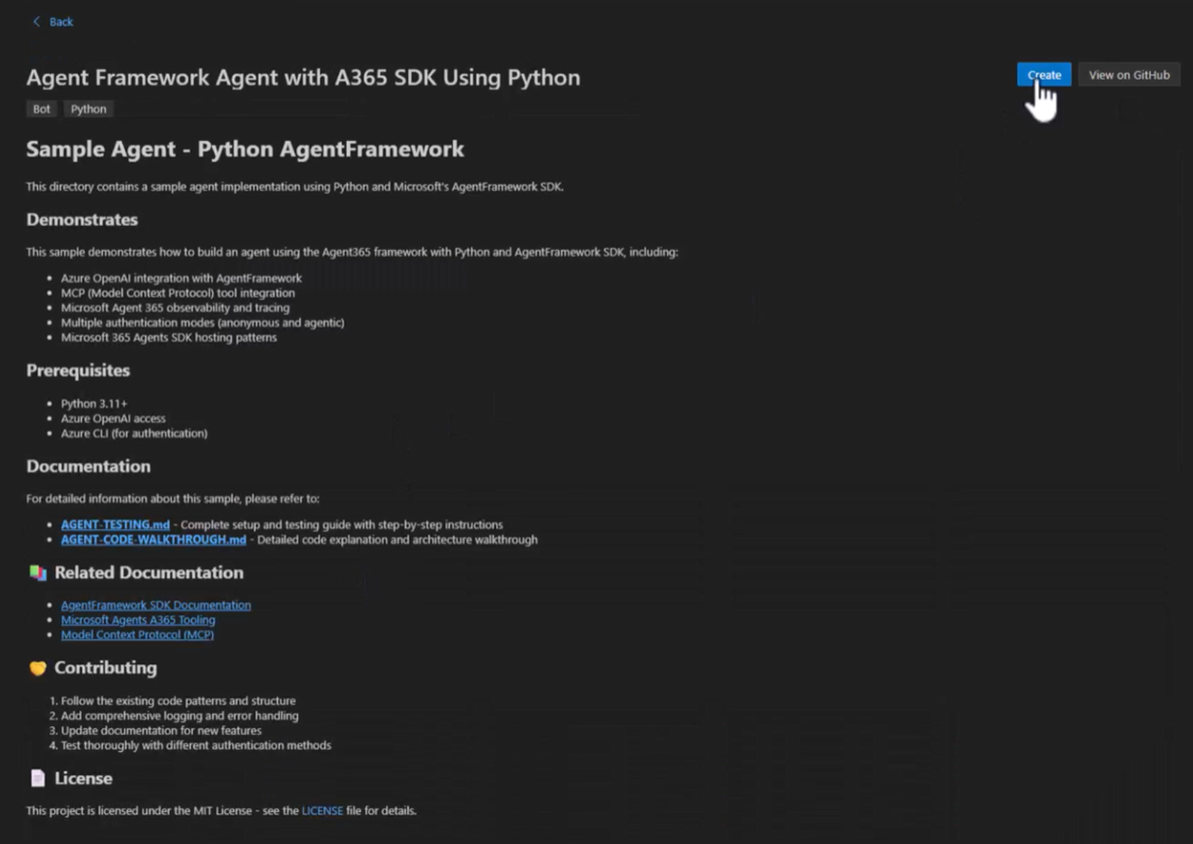 Skärmbild av Agent Framework Agent med A365 SDK med Python-exempel.