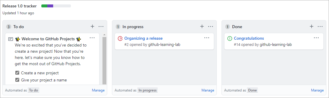 Skärmbild av release 1.0 tracker.