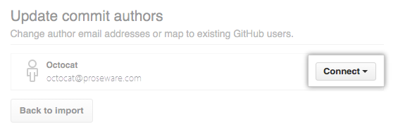 Skärmbild av processen för att koppla ihop commit-författare.