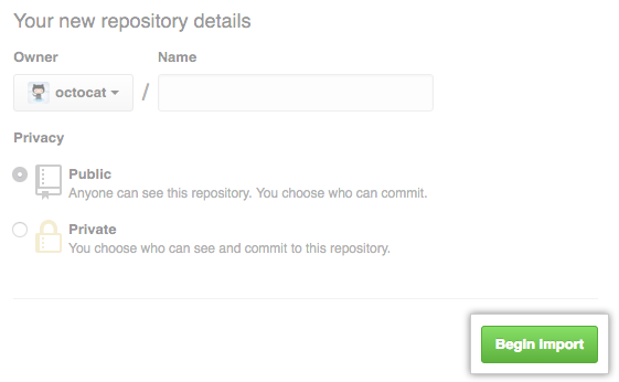 Skärmbild av knappen Börja importera för en ny lagringsplatsimport.